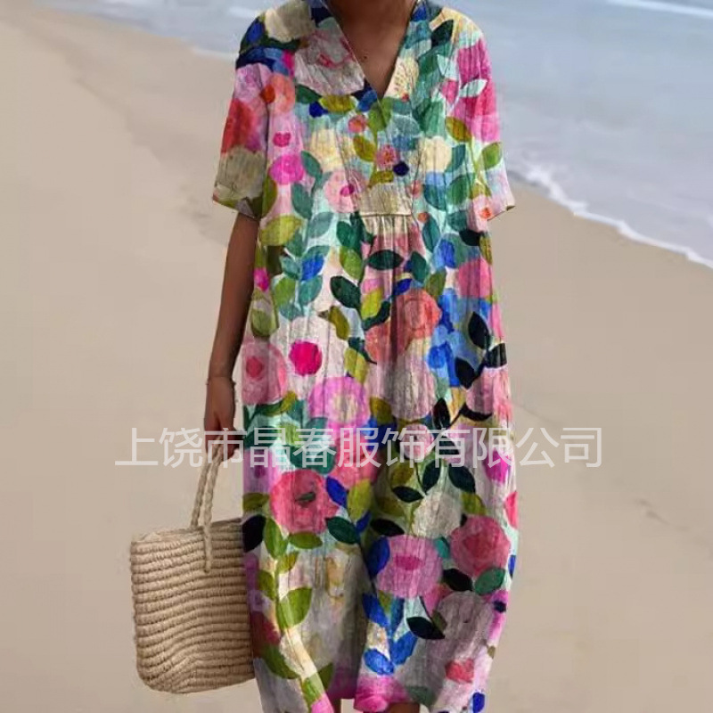 European and American Clothing Cross-Border Foreign Trade Women's Fashion Hot-Selling Products: Comfortable, Loose-Fitting, Printed Long Dress