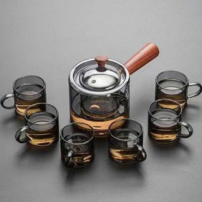 Borosilicato ahumado gris vidrio tetera mango lateral olla mango de madera maciza olla Kung Fu juego de té hogar gran capacidad tetera