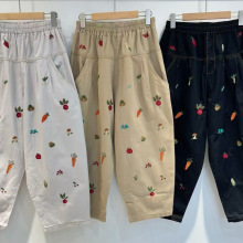 秋季新款女下装哈伦裤刺绣卡通裤宽松女裤刺绣文艺风