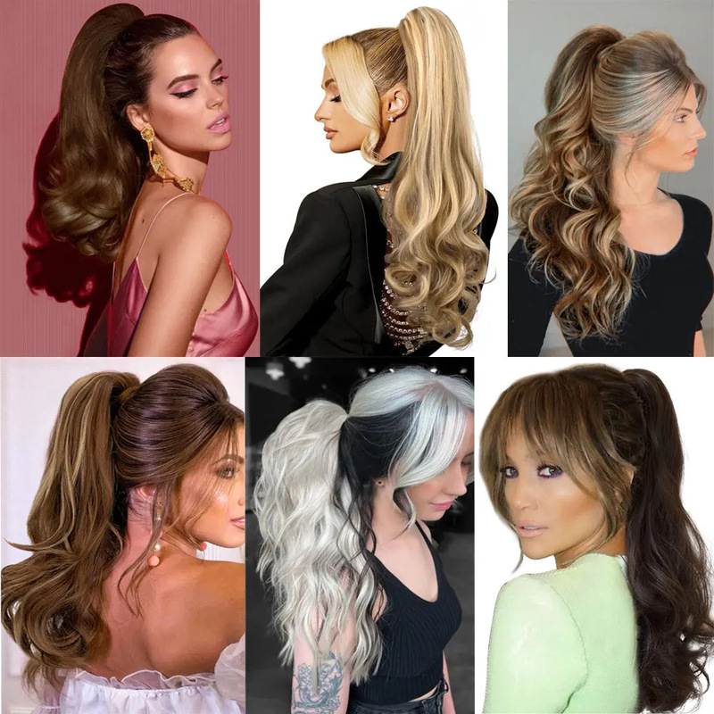 24inch ロングカーリーポニーテール高温繊維女性ビッグウェーブカーリーヘアグリップクリップポニーテールエクステンション|undefined
