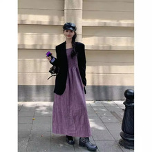 法式感黑色西装外套秋冬紫色吊带裙轻熟气质职业装穿搭一整套