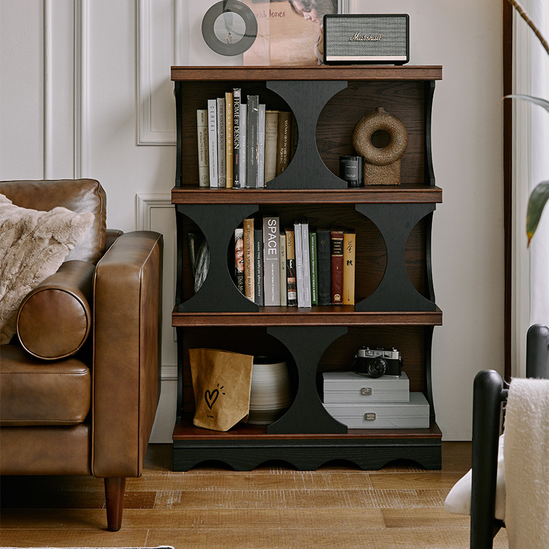 American Light Luxury Solid Wood Bookcase, Antique Style Living Room, Two-Color Open Shelf, French Retro Display Cabinet