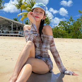 新款美式复古格子高腰显瘦遮肚长袖泡温泉分体三件套分体泳衣女