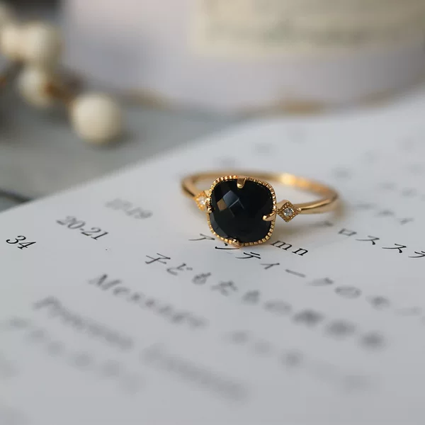 Japanese style Square natural black agate rose cut vintage gold plated ring female ring elegant Classic Style Advanced