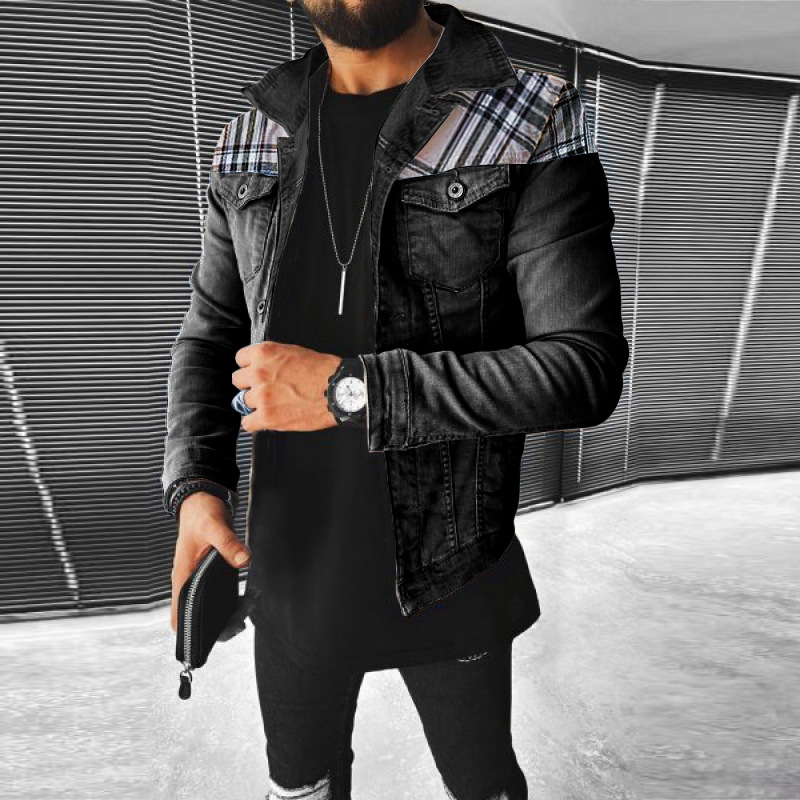 Veste en jean patchwork à carreaux multi-sacs décontractée pour hommes, nouveau produit tendance pour hommes automne et hiver_voghion.com