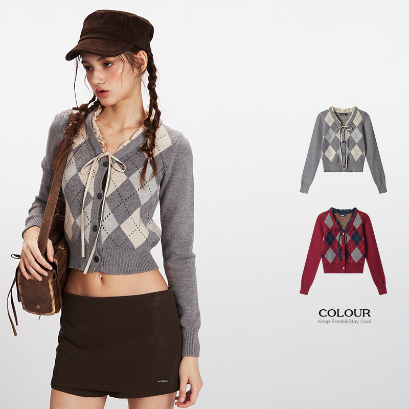 Heyhenry Rhombus Short Cardigan V Neck Long-Sleeved Thin Knitwear for Women American Sexy Inner Layering Knitwear