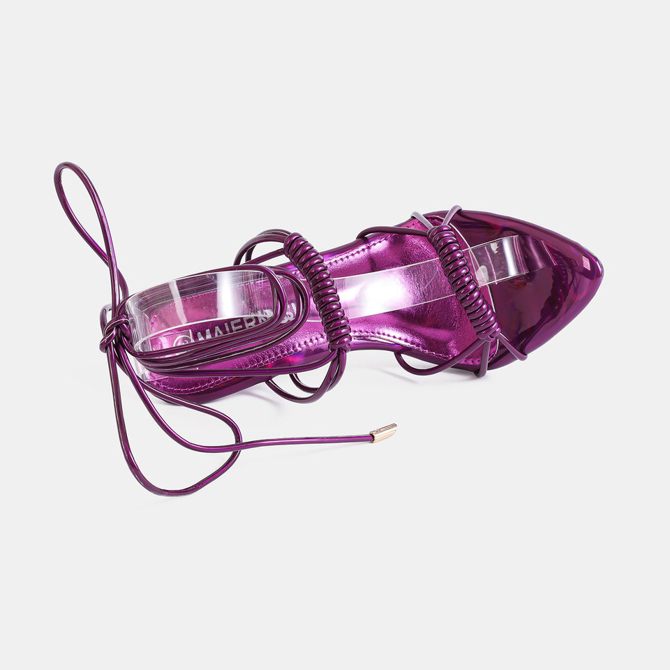 Sandal nữ gót nhọn 12 cm quai ngang siêu mảnh buộc dây cỡ lớn — Màu be, Màu bạc, Màu trắng, Màu tím chi tiết 6