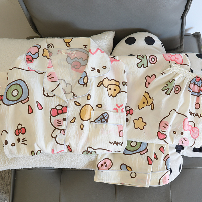 日系格子helloKitty睡衣女款春秋夏季纯棉长袖可爱开衫棉纱家居服|undefined
