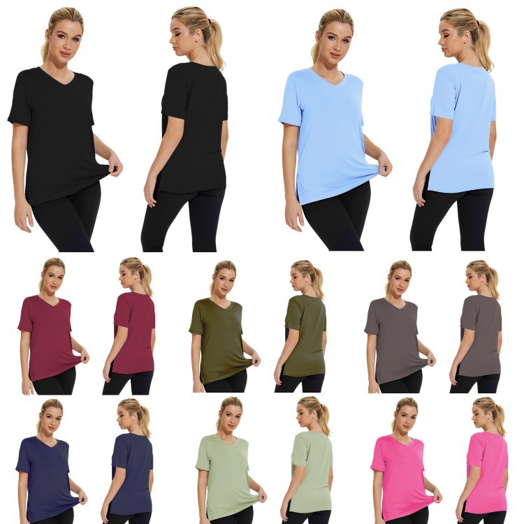 Spring and summer 2025 new Amazon Europe and the United States cross-border simple fashion V-neck solid color all-match T-shirt loose split women's clothing