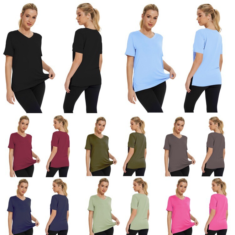 Spring and summer 2025 new Amazon Europe and the United States cross-border simple fashion V-neck solid color all-match T-shirt loose split women's clothing