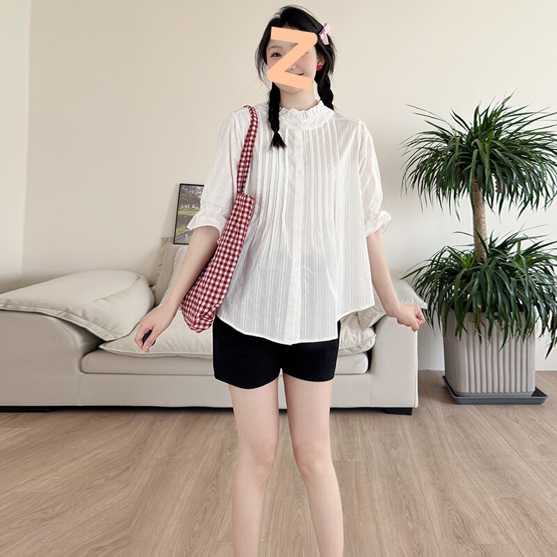 Puff Sleeve Lace Collar White Shirt Women's Summer 2024 New Sweet French Pleated Seven-Sleeve Early Autumn Top