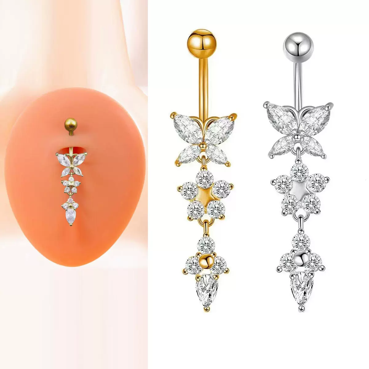 人体穿刺饰品不锈钢蝴蝶水滴肚脐扣吊坠肚脐钉肚脐环 肚脐扣通体