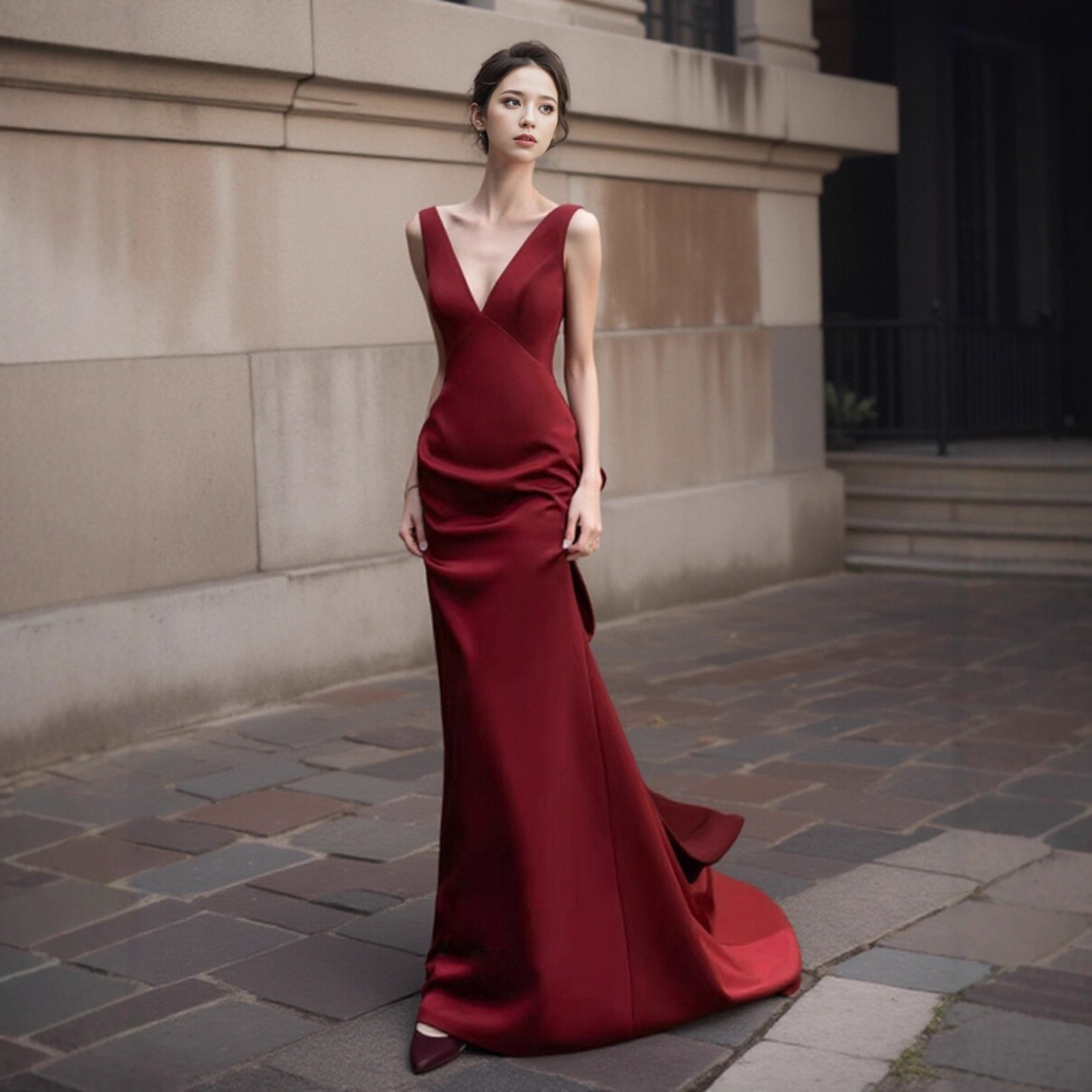 Burgundy Strap Fishtail V-Neck Bridal Evening Dress Engagement Wedding Toast Dress Photo Studio Theme Host Dress Summer