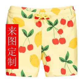 儿童女童男童氨纶锦纶色牢度樱桃柠檬黄底印花泳衣来图定制工厂