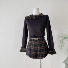 格子拼接长袖针织衫女秋老钱风假两件内搭上衣