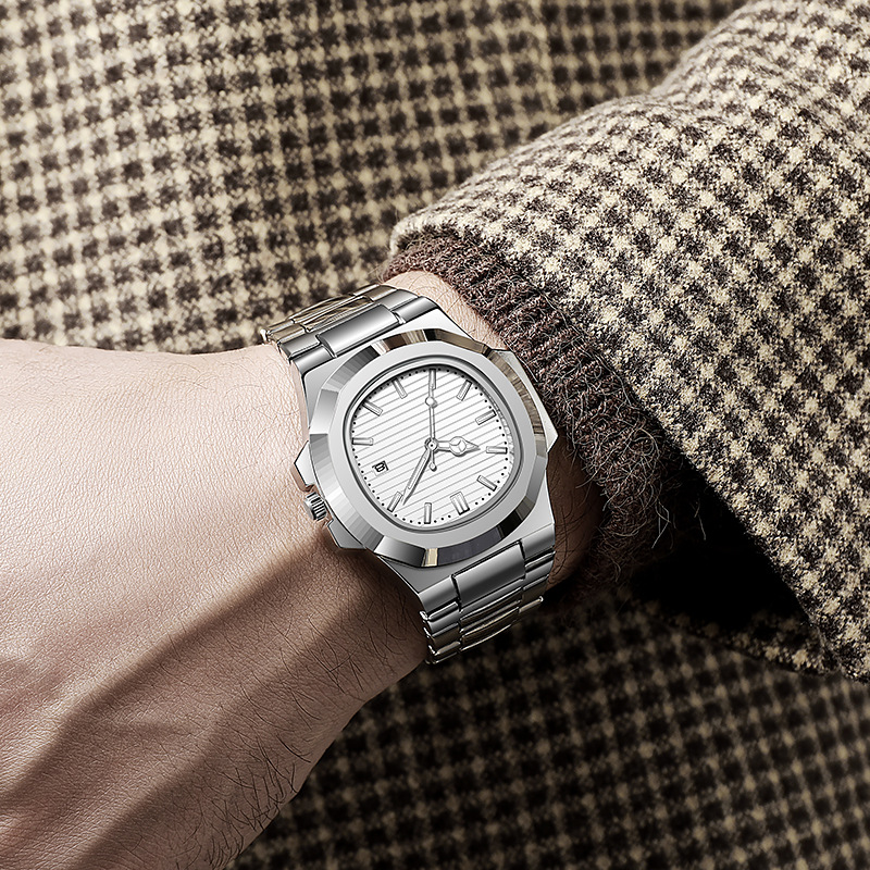 Relojes Nautilus transfronterizos Relojes mecánicos falsos Moda para hombres Cinturón de acero Calendario Reloj de cuarzo de fondo hueco luminoso