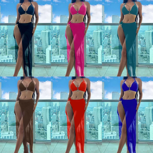 European and American bikini foreign trade three-piece swimsuit solid color cross-border long yarn ladies split bikini swimsuit new