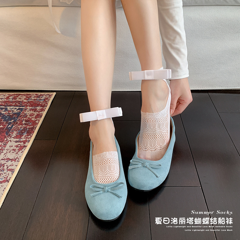 Botas, algodón, primavera y verano, nuevos calcetines invisibles, ballet retro, boca baja, lazo, encaje, olas, calcetines huecos para niñas