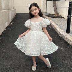 Girls' White Sequin Princess Dress, Chic Puffy Birthday Gown, Little Girl's June 1st Performance Outfit, Mesh Fabric One-Piece Dress