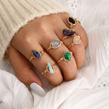 跨境热销戒指个性缠绕几何不规则松石ins风设计感珍珠组合7件套装