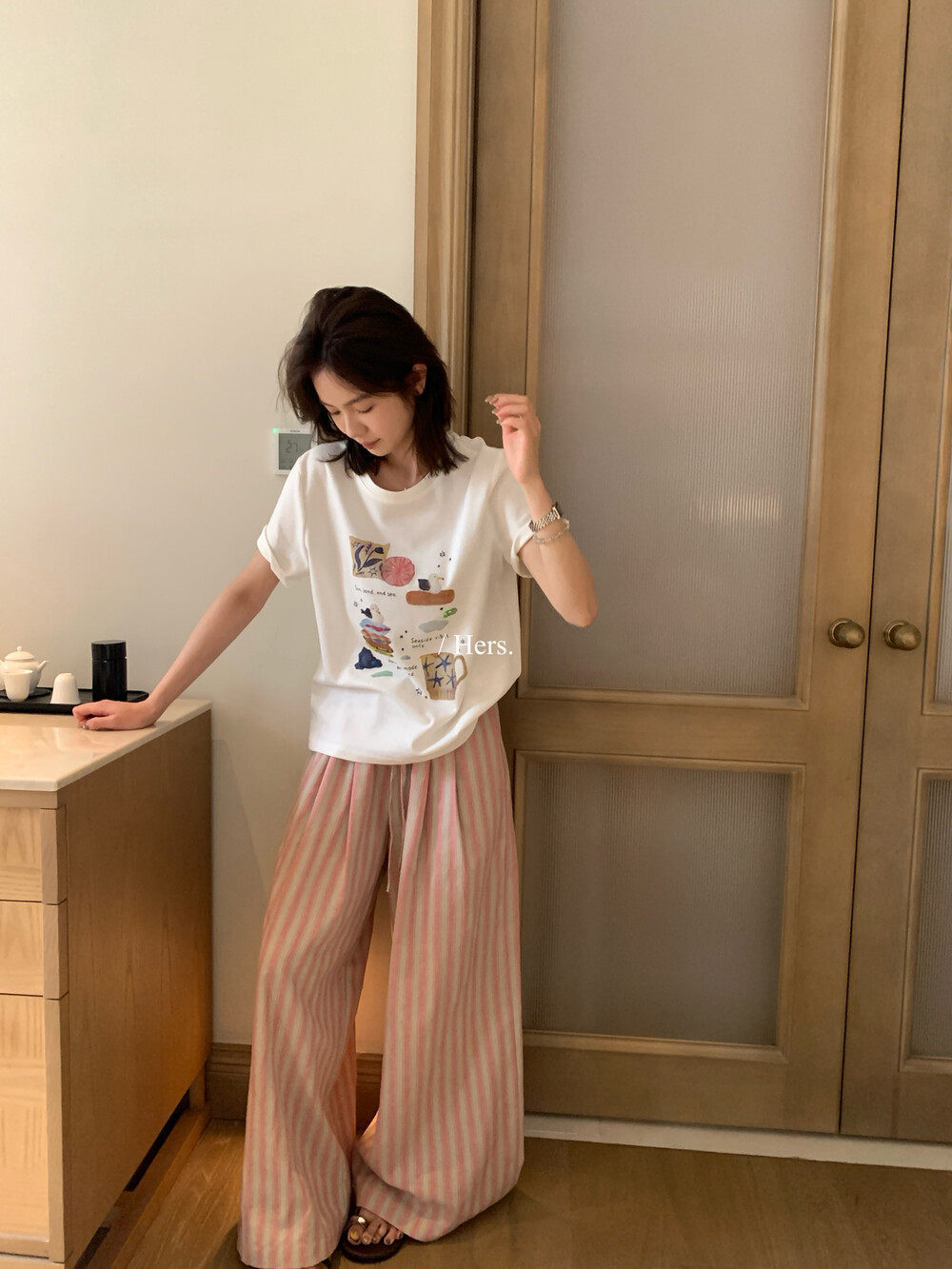 Quần culottes nữ ống rộng cạp cao sọc kẻ dáng dài suông rộng phong cách thư giãn — màu hồng chi tiết 13
