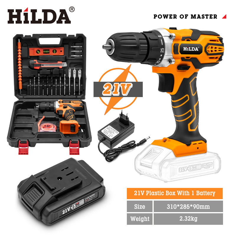 Hilda en stock recargable impacto taladro batería de litio mano taladro hogar al por mayor destornillador eléctrico Accesorios