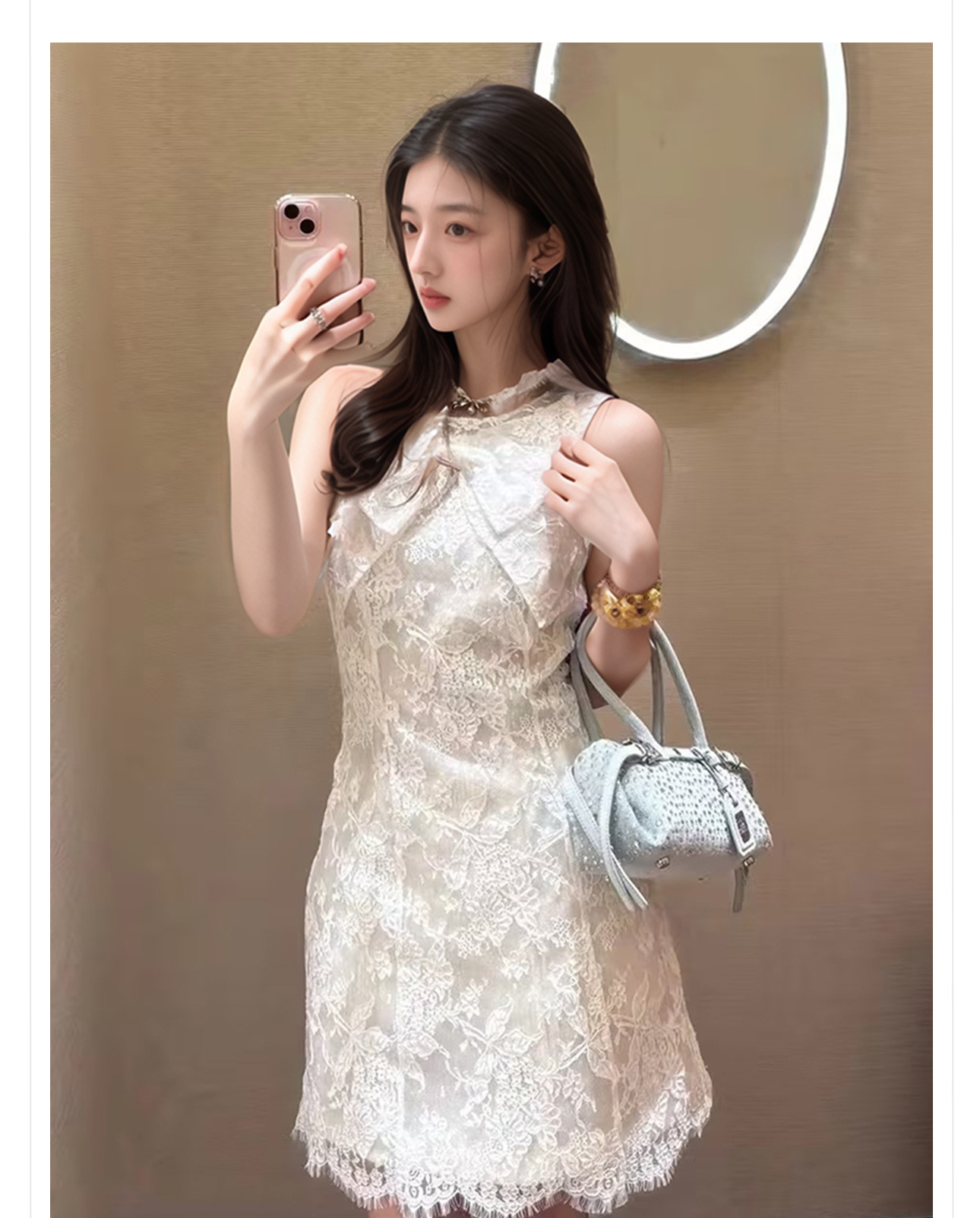 Váy ren lưới phối nơ kiểu Pháp ôm sát nữ mùa hè ZX N3058 — Màu trắng be chi tiết 2