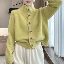 韩版春秋新款设计感插肩袖软糯立领单排扣毛衣上衣针织开衫外套女