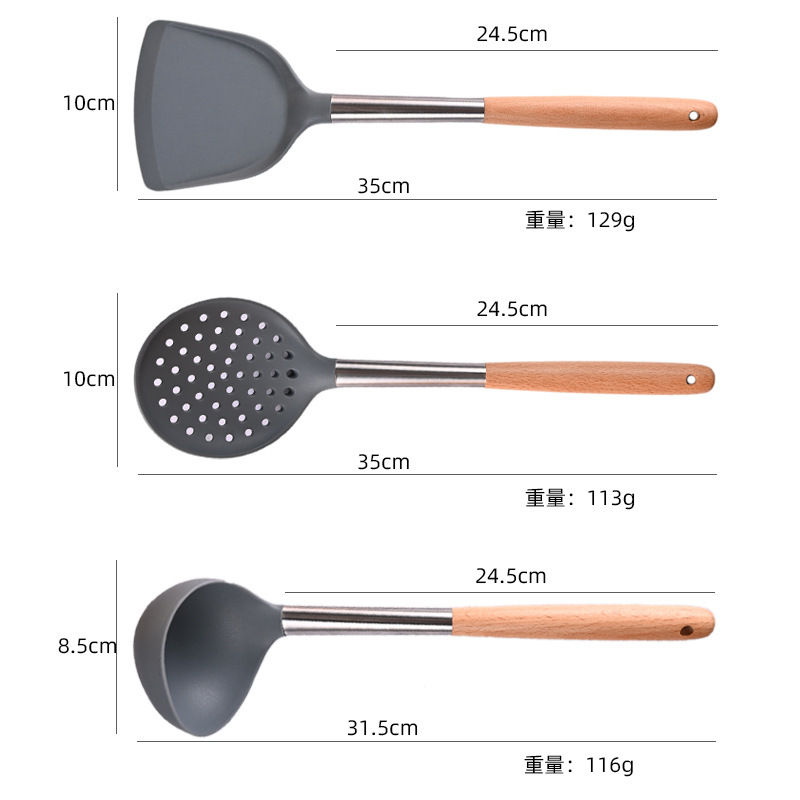 Spot mango de madera juego de utensilios de cocina de silicona olla antiadherente pala de silicona colador cuchara de sopa utensilios de cocina juego de utensilios de cocina de silicona de haya