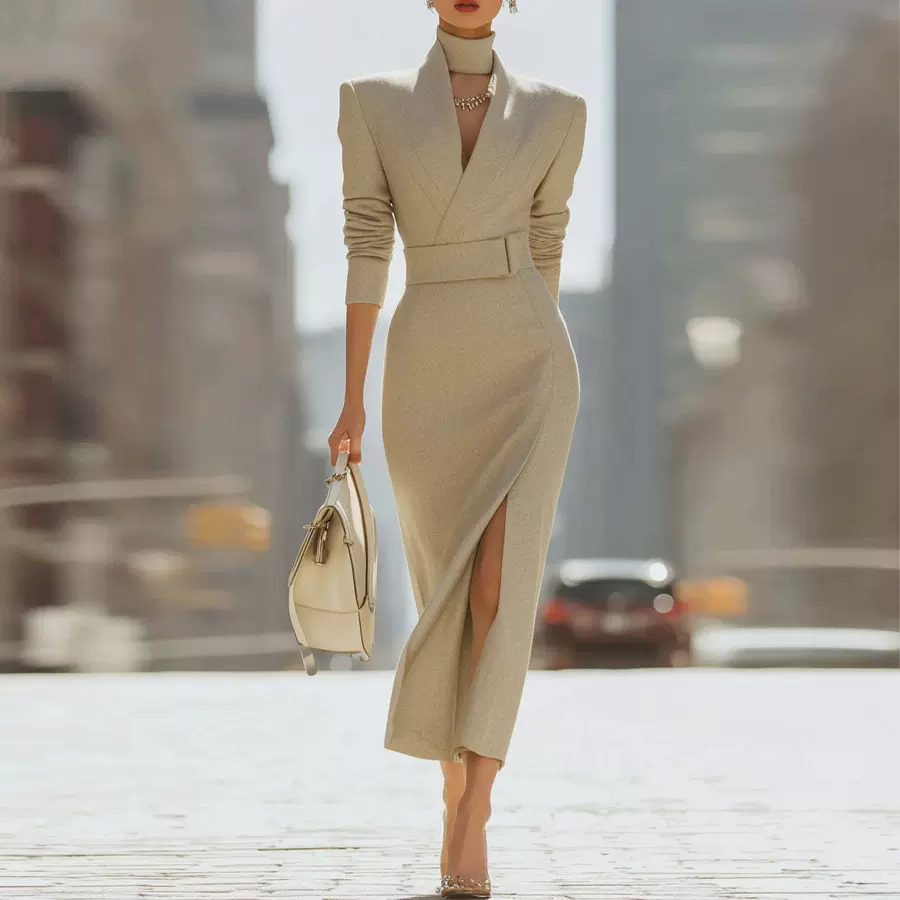 跨境外贸TEMU欧美2025秋季气质V领修身中长包臀开叉时尚连衣裙女