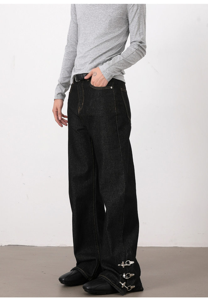 Quần jeans nam ống loe nhẹ denim thô đen, cạp vừa, dáng cơ bản, dài quần — Denim đen chi tiết 15