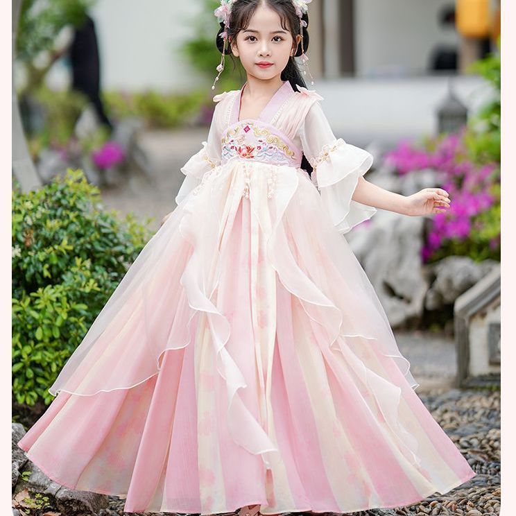汉服女童2024夏款短袖唐装中国风夏儿童古风连衣裙小女孩古装夏装