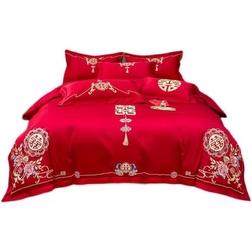 高档奢华中式刺绣婚庆四件套大红色床单被套结婚床上用品结婚床上