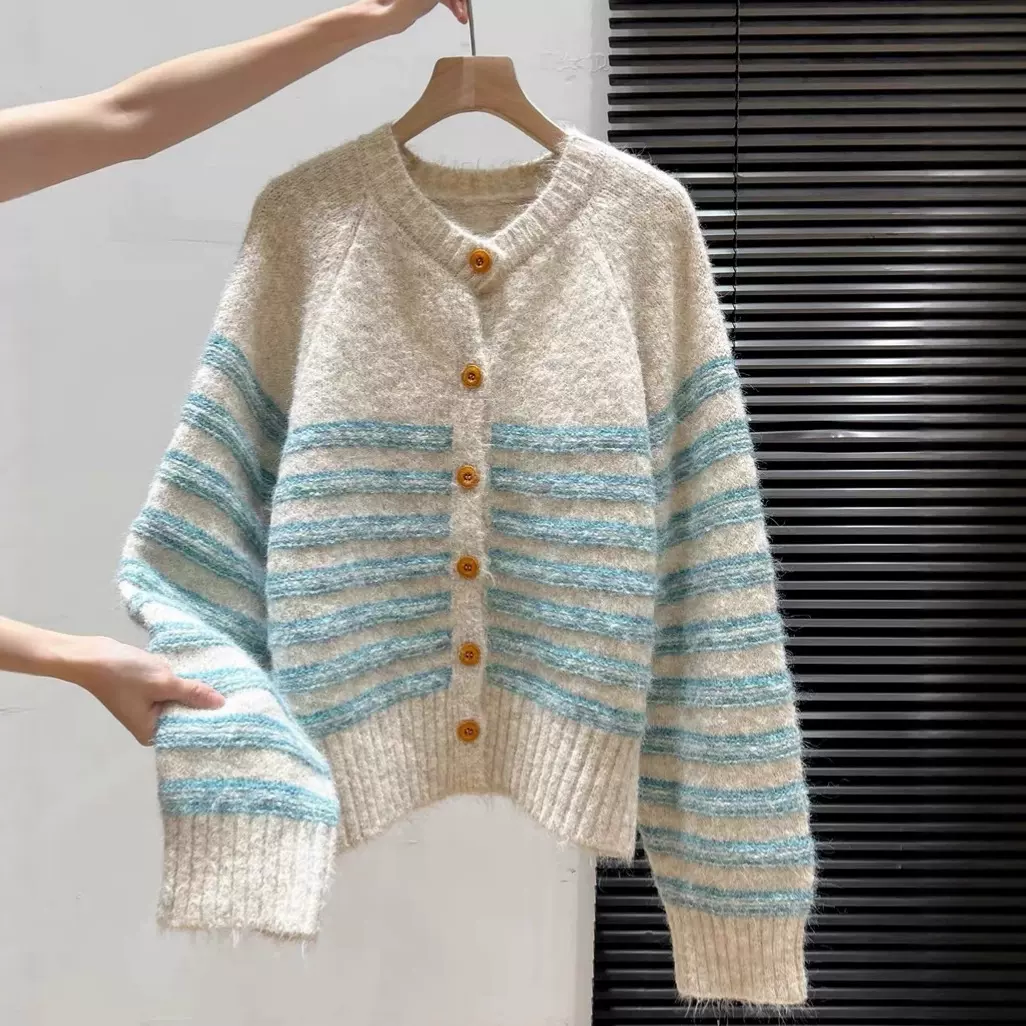 工厂定制韩系复古撞色条纹长袖开衫上衣女秋季宽松针织厚毛衣外套