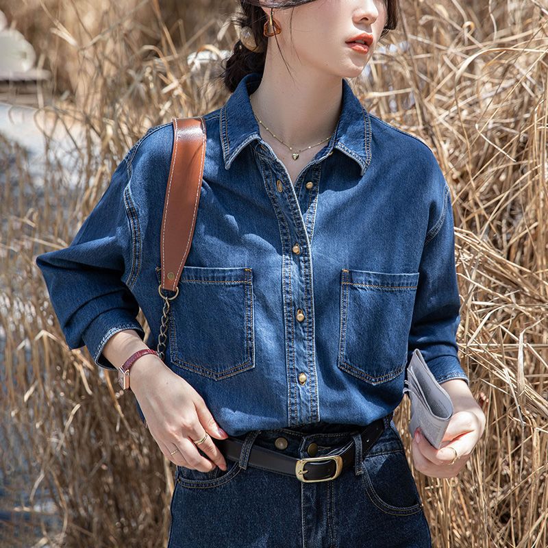 No-hem Retro dark blue Soft-Denim Long-sleeved Shirt Autumn and Winter Loose Inner Stacked Commuter Shirt