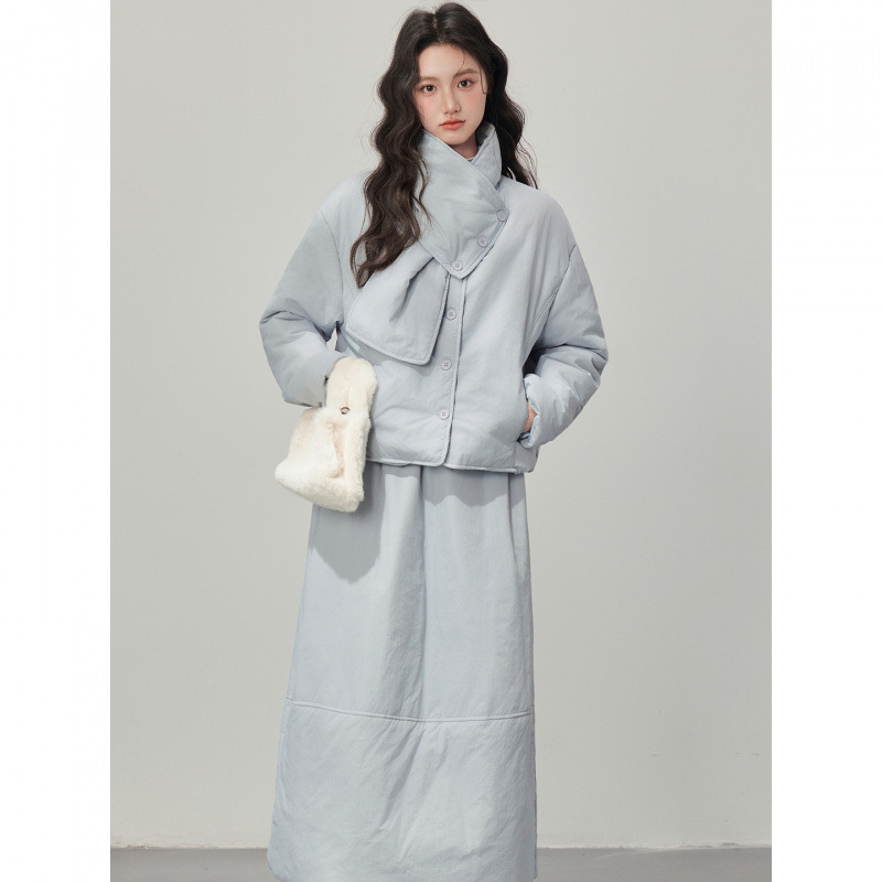 文艺森系蓝色棉服外套半身裙两件套2025新款今年流行爆款女装套装