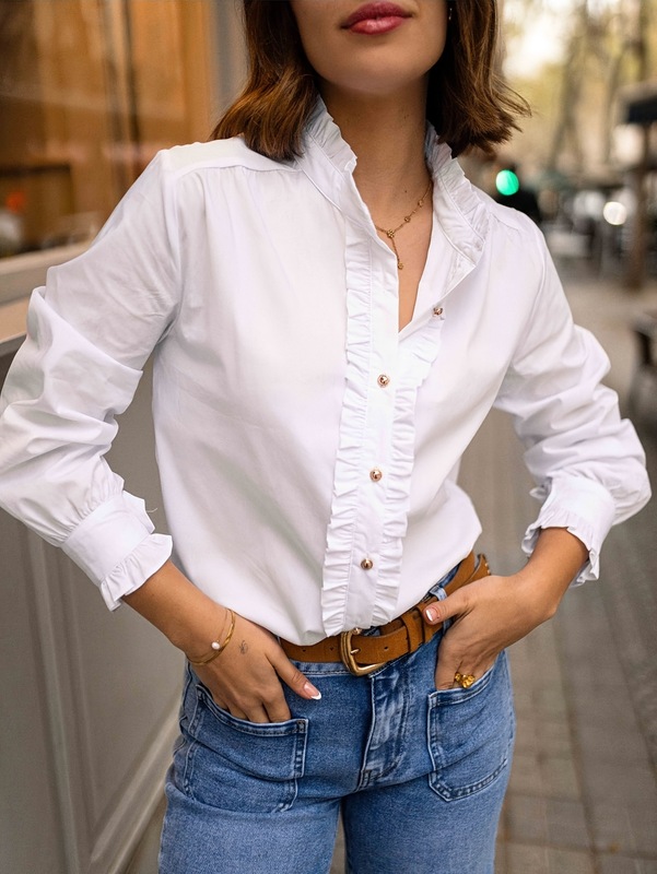 欧美跨境白色春秋2025新款女装木耳边衬衫袖立领衬衣休闲度假衬衫|undefined