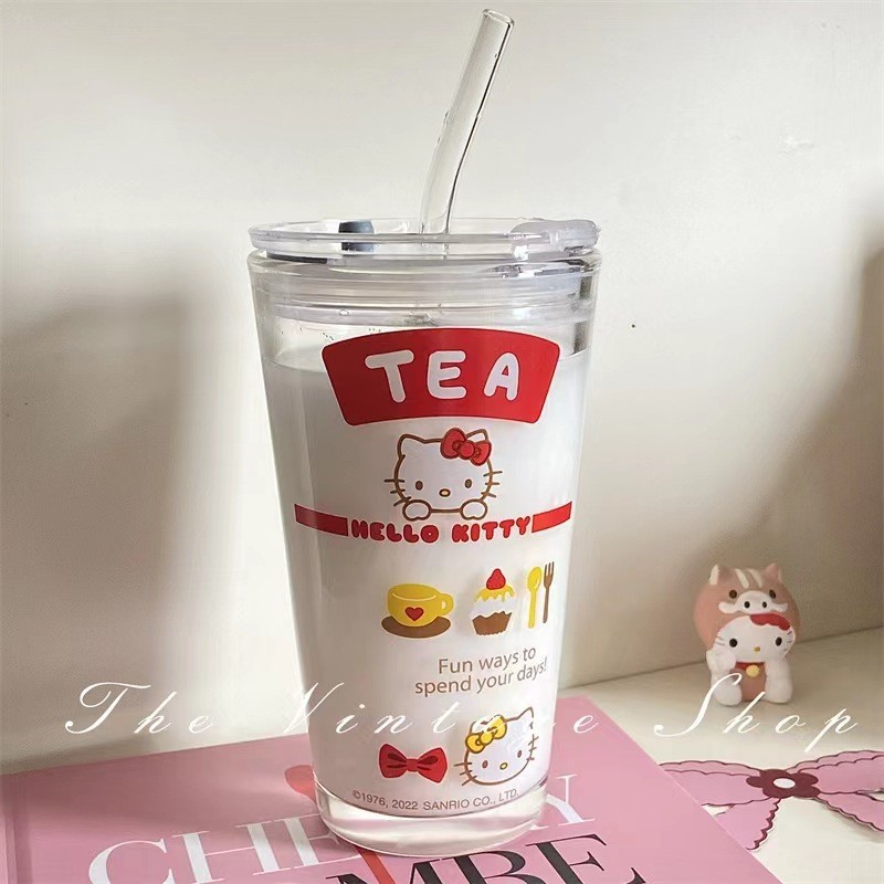 Ins Style Straw Printed Glass Water Cup Kt Cat Series Cute Cartoon Juice Wholesale Milk Cup Bestie Gift
