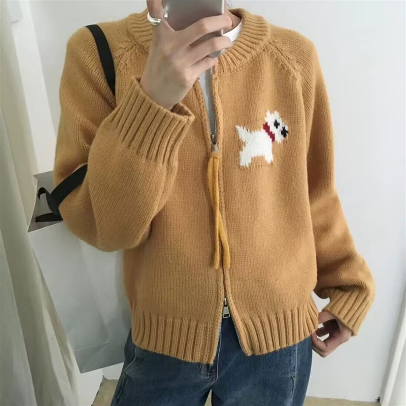 设计感卡通小狗圆领双拉链毛衣外套女秋冬新款宽松减龄针织开衫女|undefined