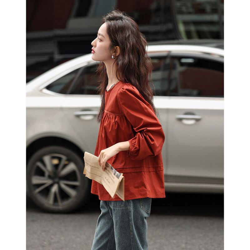 Shirt women's long sleeve spring 2024 New Red Western style shirt Women's artificial Korean style doll shirt belly covering top
