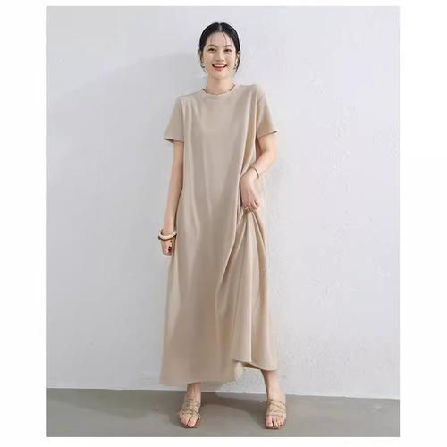 Summer and Spring Japanese Plus Size Thin Short-Sleeve Long Dress Loose Round Neck A-Line Skirt Women Solid Color Knee-Length Outer Dress