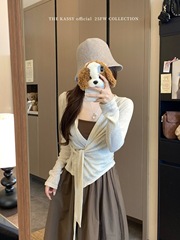 适美时尚套装系带收腰长袖针织衫女秋季叠穿吊带连衣裙两件套