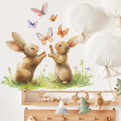 卡通春天兔子蝴蝶小草兒童房幼兒園家居裝飾牆貼貼紙自粘批發跨境