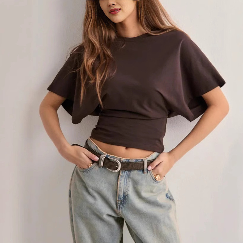 Cross-Border European and American 2025 Round Neck Bat Sleeve T-Shirt Summer New Style Simple and Versatile Pure Color Loose Top for Women