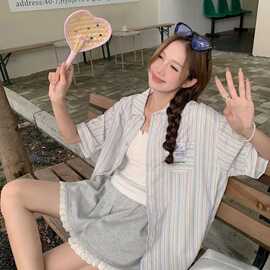 高级感潮牌条纹刺绣衬衫男女夏季新款复古chic学院风休闲短袖上衣