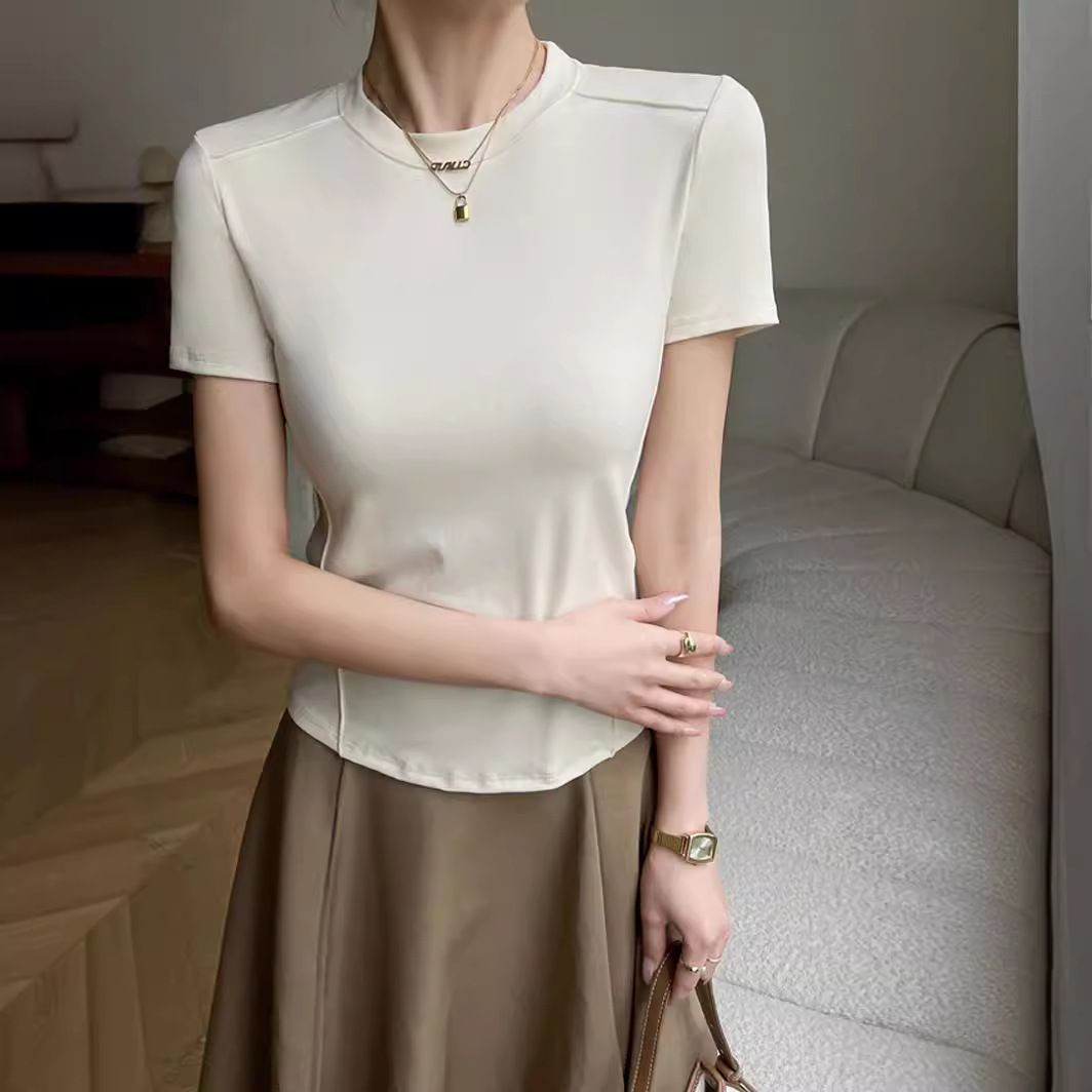 Q popular 280G modal hombro derecho espina de pescado cuello redondo Camiseta ajustada de manga corta para mujer verano 2024 top suelto