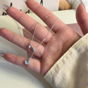 New Blue Tear Drop Pendant Necklace Women's Clavicle Chain Ins Style Niche Design High-End Simple and Versatile