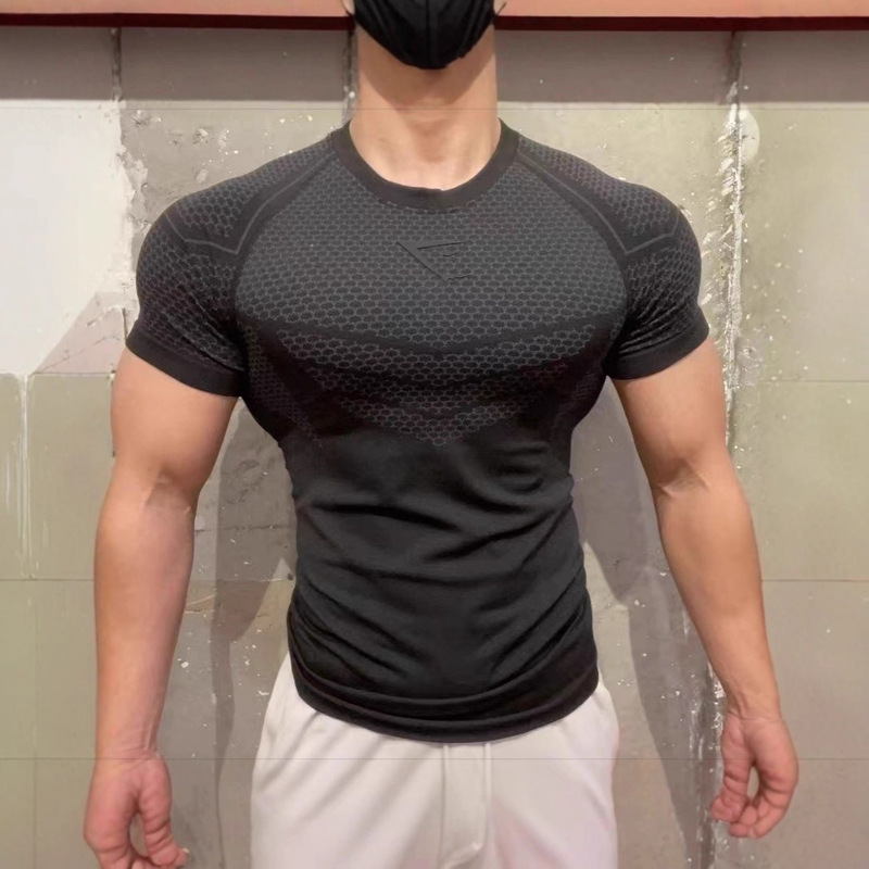 2025 New Gymshark Muscle Shark Short-Sleeved Fitness Top Men's Casual Running Quick-Drying Tights