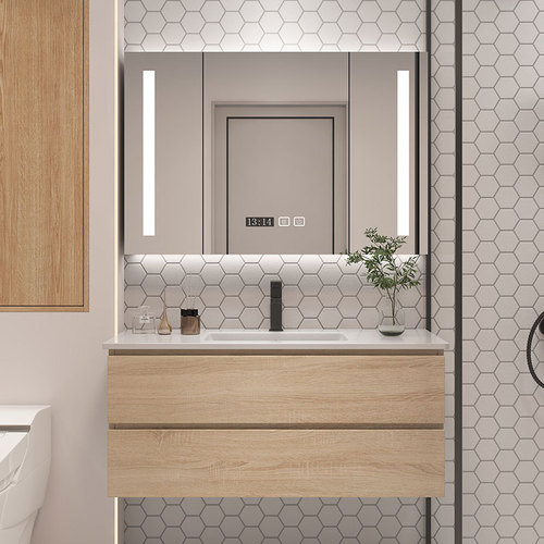 Wholesale modern simple wood color bathroom cabinet combination ceramic integrated basin wash cabinet bathroom sink hand washing