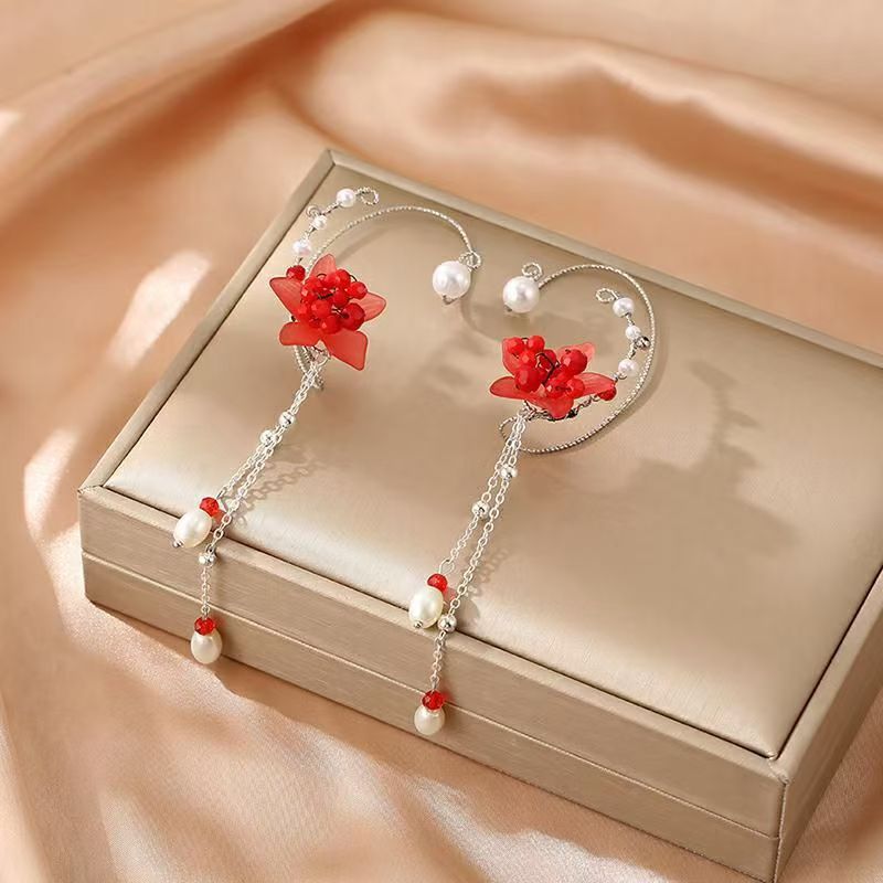 Forest-style floral children's non-pierced ear clips, 2026 spring-summer new model, tassel ear cuffs, Hanfu travel accessories for girls, long style